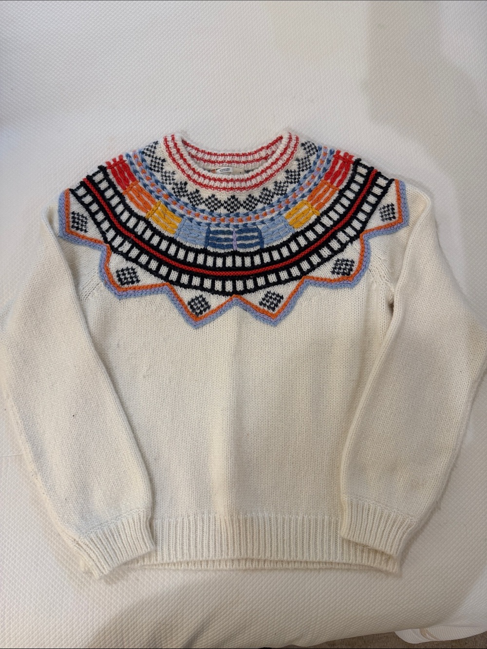 Marine Layer Cream Crewneck Sweater with Multicolor Nordic Yoke